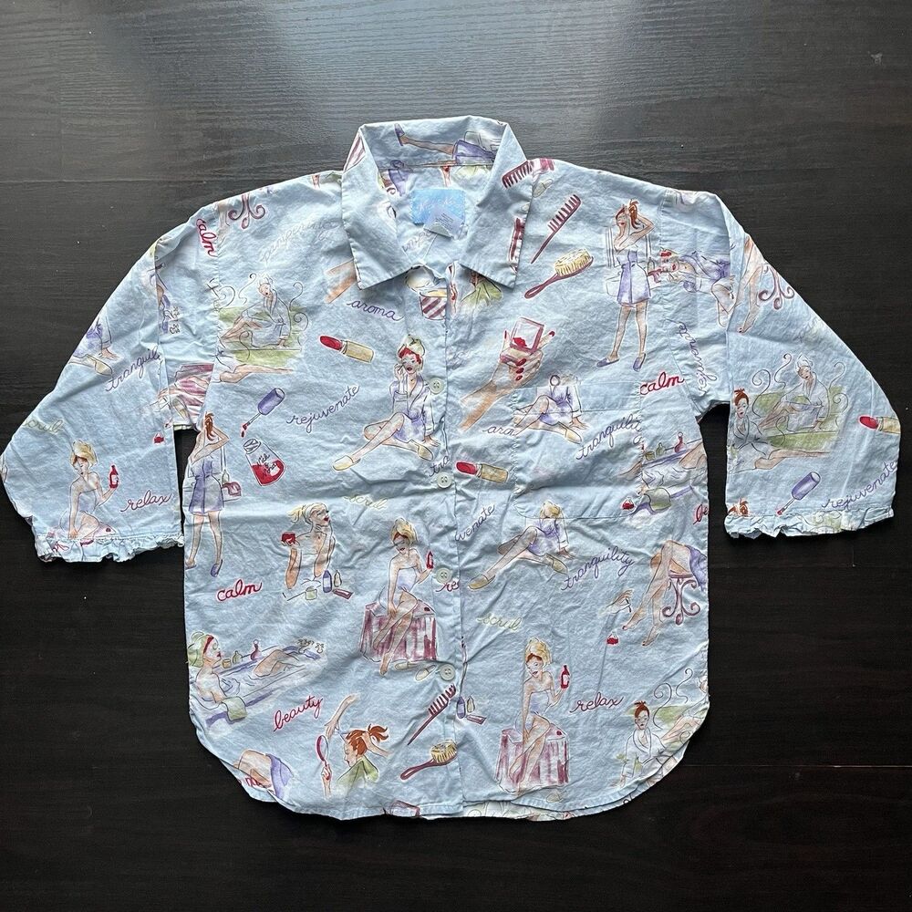 Nick & Nora VTG Blue Spa Day Rare Pajama Shirt  Cotton Beauty Relax Pinup Calm S